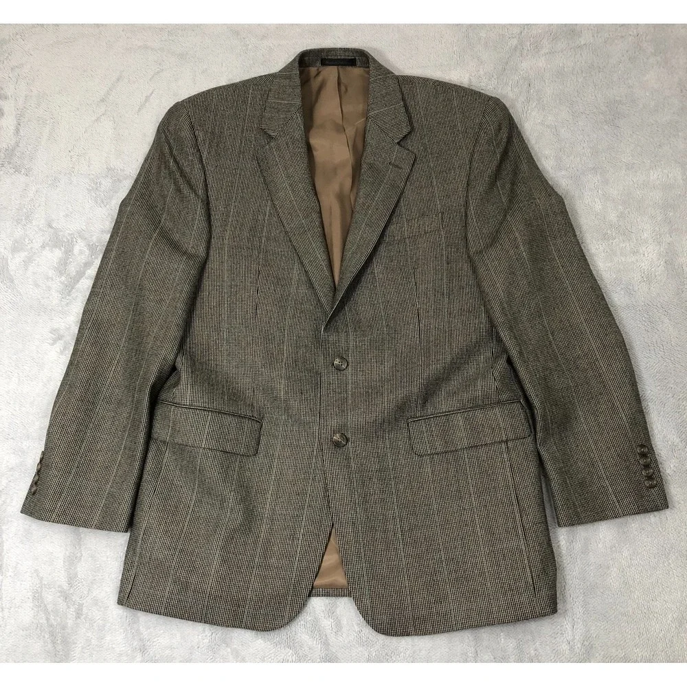 Chaps Blazer Mens 42L Brown Houndstooth Sport Coat Suit Jacket Formal Lambs Wool